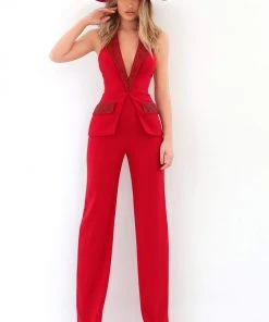 Plus Size Dresses Tarik Ediz - 93914 Beaded Deep V-neck Jumpsuit