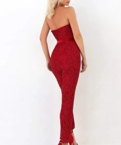 Plus Size Dresses Tarik Ediz - 93916 Strapless Lace Jumpsuit With Chiffon Overlay