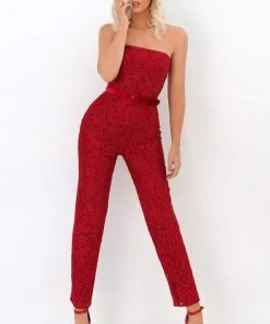 Plus Size Dresses Tarik Ediz - 93916 Strapless Lace Jumpsuit With Chiffon Overlay