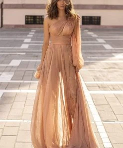 Formal Gowns Tarik Ediz - 93924 Ruched Asymmetrical Jumpsuit With Overskirt