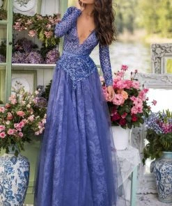 Tarik Ediz - 93931 Sexy V-Neck Lace A-Line Dress Formal Gowns