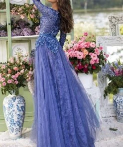 Tarik Ediz - 93931 Sexy V-Neck Lace A-Line Dress Formal Gowns