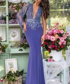 Tarik Ediz - 93935 Embellished Deep V-neck Sheath Dress Formal Gowns