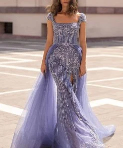 Tarik Ediz - 93936 Bedazzled Square Neck Dress With Overskirt Formal Gowns