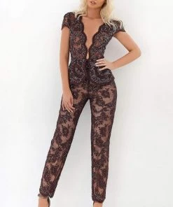 Tarik Ediz - 93937 Embellished Deep V-neck Pantsuit Plus Size Dresses 10 Tarik Ediz - 93937 Embellished Deep V-neck Pantsuit Plus Size Dresses