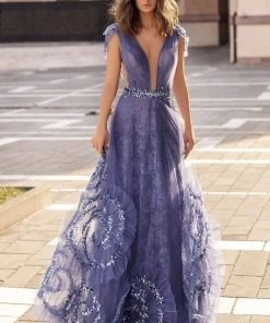 Formal Gowns Tarik Ediz - 93946 Embellished Lace Deep V-neck A-line Dress