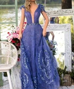 Formal Gowns Tarik Ediz - 93946 Embellished Lace Deep V-neck A-line Dress