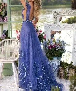 Formal Gowns Tarik Ediz - 93946 Embellished Lace Deep V-neck A-line Dress