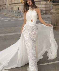 Tarik Ediz - 93947 Ruched Halter Sheath Dress With Overskirt