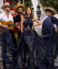 Tarik Ediz - 93947 Ruched Halter Sheath Dress With Overskirt