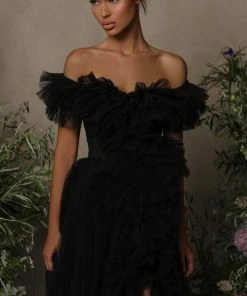 Tarik Ediz - 98055 Tulle Ruffled Off-shoulder Long Gown - 1 Pc Red In Size 6 Available Formal Gowns 7 Tarik Ediz - 98055 Tulle Ruffled Off-shoulder Long Gown - 1 Pc Red In Size 6 Available Formal Gowns