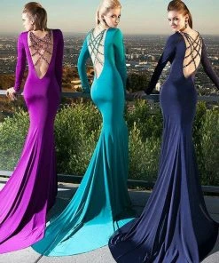 Tarik Ediz - Beaded Long Sleeve Strappy Illusion Gown 92409