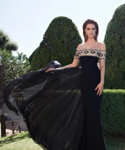 Formal Gowns Tarik Ediz - Beaded Off-The-Shoulder Neck Gown 92628