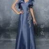 Tarik Ediz - Embellished And Ruffled A-line Gown 96024 - 1 Pc Marlin Blue In Size 6 Available