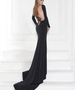 Tarik Ediz - Embellished Bateau Neck Long Sleeve Gown 92594