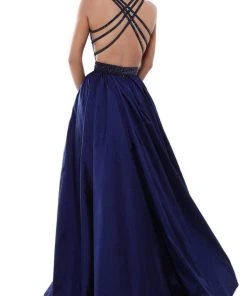 Tarik Ediz - Embellished Deep V-neck Lace Dress With Overskirt 50430 - 1 Pc Navy In Size 4 Available