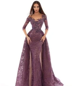 Formal Gowns Tarik Ediz - Embroidered Illusion Neck Dress With Overskirt 93633 - 1 Pc Lavender In Size 8 Available