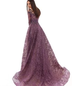 Formal Gowns Tarik Ediz - Embroidered Illusion Neck Dress With Overskirt 93633 - 1 Pc Lavender In Size 8 Available