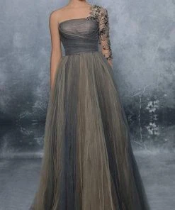 Formal Gowns Tarik Ediz - Embroidered Tulle Single Sleeve Ballgown 96001