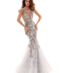 Tarik Ediz - Floral Embroidered Illusion Bateau Mermaid Dress 93661 - 1 Pc Cloudy Blue In Size 12 Available Formal Gowns