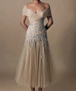 Tarik Ediz - Off Shoulder Tulle A-line Cocktail Dress 96019 - 1 Pc Stone In Size 8 Available Cocktail Dresses