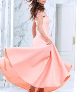 Tarik Ediz Off The Shoulder A-line Dress 50063 - 1 Pc Peach Nectar In Size 2 Available Formal Gowns