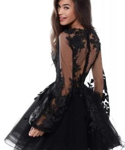 Tarik Ediz - Sheer Long Sleeve Floral Lace A-line Dress 50414 - 1 Pc Red In Size 8 Available Cocktail Dresses