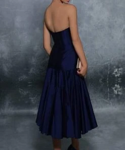 Tarik Ediz - Strapless A-Line Tea-Length Dress 96123 - 1 Pc Marmalade In Size 4 And 1 Pc Navy In Size 6 Available Cocktail Dresses