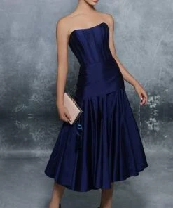 Tarik Ediz - Strapless A-Line Tea-Length Dress 96123 - 1 Pc Marmalade In Size 4 And 1 Pc Navy In Size 6 Available Cocktail Dresses