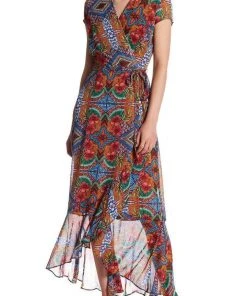Taylor - 9045MJ Abstract Chiffon Wrap Dress