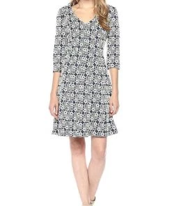 Taylor - 9209M V Neck Jacquard Quarter Length Sleeve Short Dress