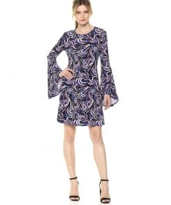 Cocktail Dresses Taylor - 9338M Long Bell Sleeve Printed A-Line Dress