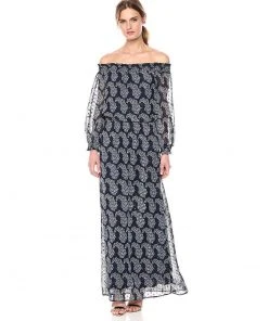 Taylor - 9604M Off Shoulder Printed Chiffon Maxi Dress Formal Gowns