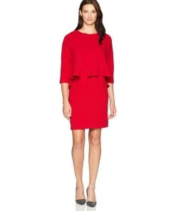 Taylor - 9859M Quarter Sleeve Ruffle-Trimmed Popover Dress