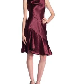 Taylor - 9973M Cowl Neck Satin Asymmetrical Hemmed Dress
