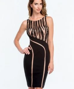 Cocktail Dresses Terani Couture - 151C0226A Ornate Striped Sheath Dress
