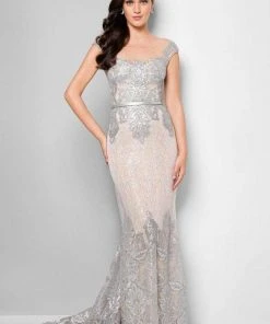 Formal Gowns Terani Couture - 1713M3505 Embroidered Lace Portrait Mermaid Gown - 1 Pc Gunmetal Nude In Size 4 Available