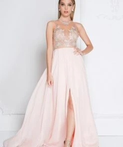 Terani Couture - 1811P5215 Beaded Nude Illusion Chiffon Gown