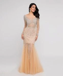 Terani Couture - 1811P5506 Beaded Nude Illusion Tulle Mermaid Gown Formal Gowns