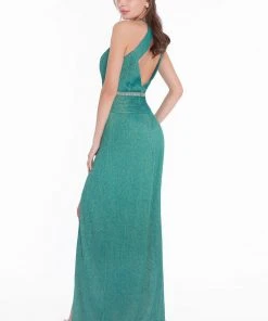 Terani Couture - 1821E7119 Pleated Metallic Knit Plunging Cutout Gown Formal Gowns