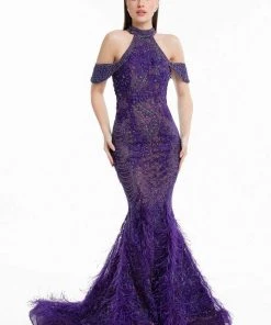 Formal Gowns Terani Couture - 1823GL7531 Beaded And Feathered Mermaid Dress