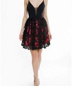 Cocktail Dresses Terani Couture - 1825H7932 Plunging Beaded Lace Overlaid A-Line Dress