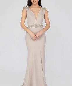 Formal Gowns Terani Couture - 1911E9601 Illusion Plunging Embellished Mermaid Gown