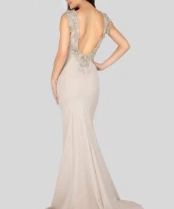Formal Gowns Terani Couture - 1911E9601 Illusion Plunging Embellished Mermaid Gown