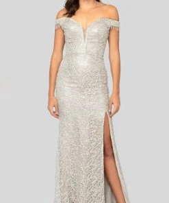 Terani Couture - 1911GL9516 Off-Shoulder Netted Gown With Slit