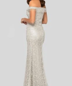 Terani Couture - 1911GL9516 Off-Shoulder Netted Gown With Slit