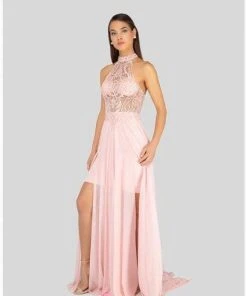 Terani Couture - 1913P8298 Sheer High Halter Evening Dress
