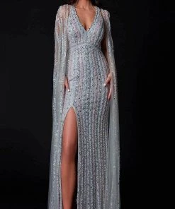 Terani Couture - 2111GL5059 Embellished V-neck Long Gown With Cape - 1 Pc Silver Blush In Size 16 Available Formal Gowns
