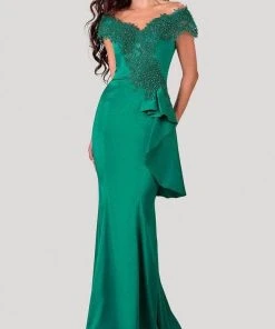 Terani Couture - 2111M5255 Embellished Off Shoulder Long Gown - 1 Pc Emerald In Size 10 Available