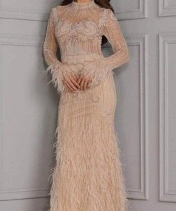 Formal Gowns Terani Couture - 2214GL0108 Sheer Embellished High Neck Long Gown - 1 Pc Blush In Size 4 Available